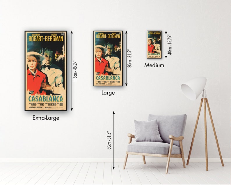 May include: A vintage movie poster for the film Casablanca featuring Humphrey Bogart and Ingrid Bergman. The poster is available in three sizes: extra-large (115cm by 45.27cm), large (80cm by 31.5cm), and medium (40cm by 15.75cm).