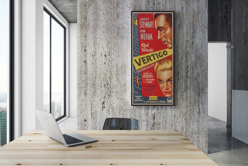 WOOD PRINT of "Vertigo" movie poster, Cinema movie posters on WOOD for the Alfred Hitchcock movie lover, James Stewart and Kim Novak movie image 9