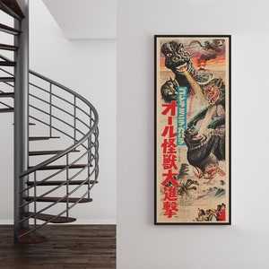 a spiral stair case next to a poster on a wall