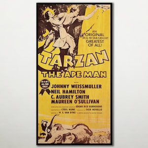 Tarzán, el hombre mono, póster extra grande en madera, carteles de películas de acción y romance con arte de pared en madera para los fanáticos de las películas de Weissmuller y O&#39;Sullivan.