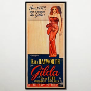 The image is a vintage movie poster featuring a woman in a red dress, likely from the film "Gilda". The poster includes text and a drawing of the woman, promoting the film and its stars.