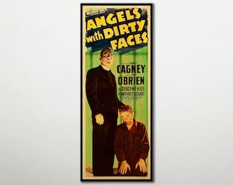 Op de afbeelding: Een verticale filmposter voor Angels with Dirty Faces met een man in een zwart pak die achter een knielende man in een bruin overhemd staat. De tekst luidt Warner Bros, Angels with Dirty Faces, met James Cagney en Pat O'Brien, The Dead End Kids, Humphrey Bogart.