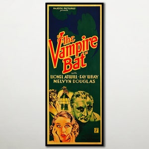 Könnte beinhalten: Ein Vintage-Filmplakat für den Film "The Vampire Bat" mit Lionel Atwill, Fay Wray und Melvyn Douglas. Das Plakat zeigt einen grünen Hintergrund mit einem roten und gelben Titel und einem Schwarzweißbild der Schauspieler.