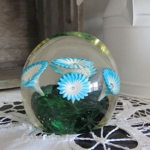 Mid Century Murano Glass Paperweight | Handblown Blue and White Trumpet Flowers | Vintage Collectibles