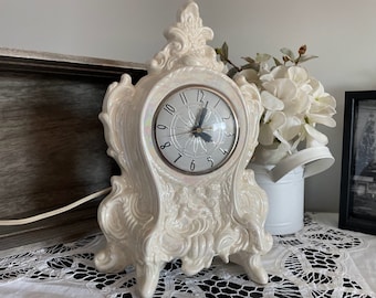 Vintage Lanshire Porcelain Opalescent Mantle Clock | Romantic Baroque Style | Electric Movement