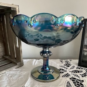 Vintage Carnival Glass Pedestal Bowl / Azul iridiscente / Guirnalda de lágrima / Plato de compota / Vidrio Indiana
