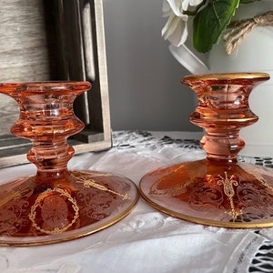 Vintage Pink Depression Glass Candle Holders | Etched | Gold Trim | Set of 2