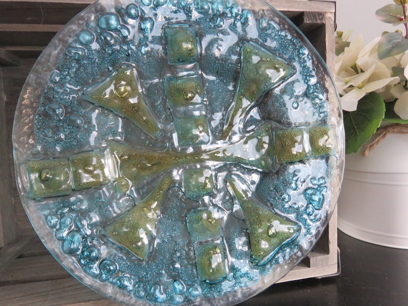 Unique Home Decor 1980s Studio Art Aquamarine Fused Glass Plate Handcrafted One Of A Kind