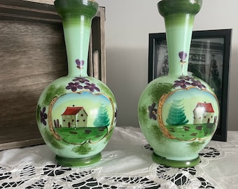 2 Antique Green Opaline Vases | Hand Painted Czech Glass | Victorian Decor | Farm Scene