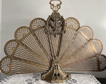 Vintage Brass Peacock Style Fireplace Screen | Cameo Emblem | Victorian Revival | Farmhouse Decor