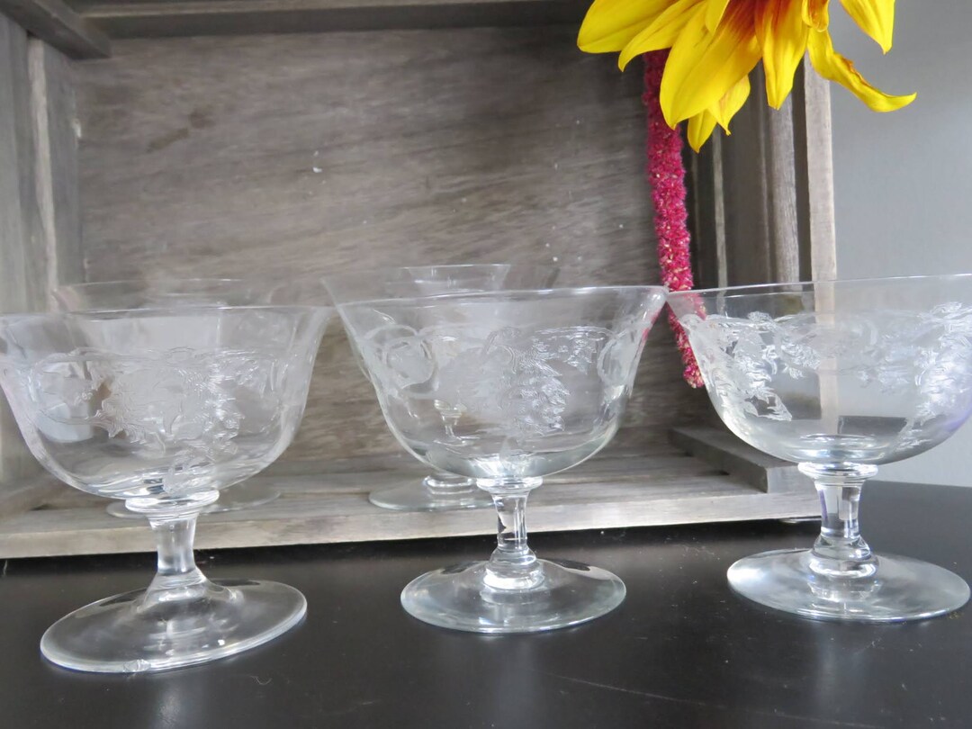 Crystal Footed Dessert Bowls Etched Glass Vintage Farmhouse Tableware Cottagecore Tableware
