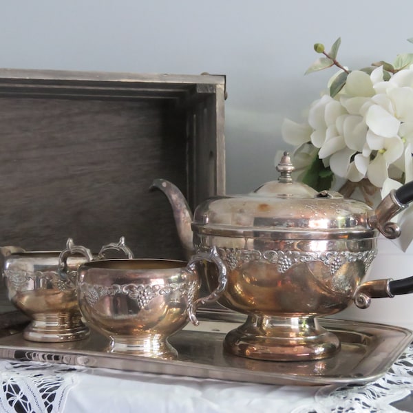 1930s Silver Plate 4 Piece Tea Set | EP Copper Viking Plate  Grape & Leaf Pattern | Vintage Tea Service | Farmhouse Decor