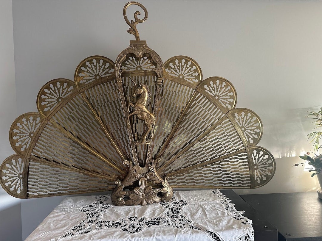 Vintage XL Brass Peacock Style Fireplace Screen Unicorn Etsy