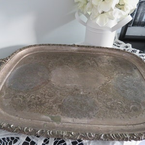 1930s Large Serving Tray With Handles | Floral and Vine Embossed | Vintage Tableware | Reticulated Border | Barker Ellis Silver Co | Heavy