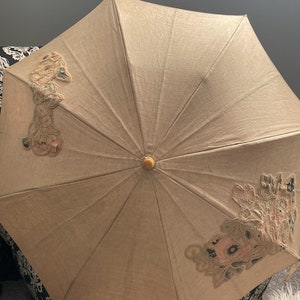 Vintage Fabric Umbrella | Floral Applique Parasol | Plastic Handle | Shabby Chic Boudoir