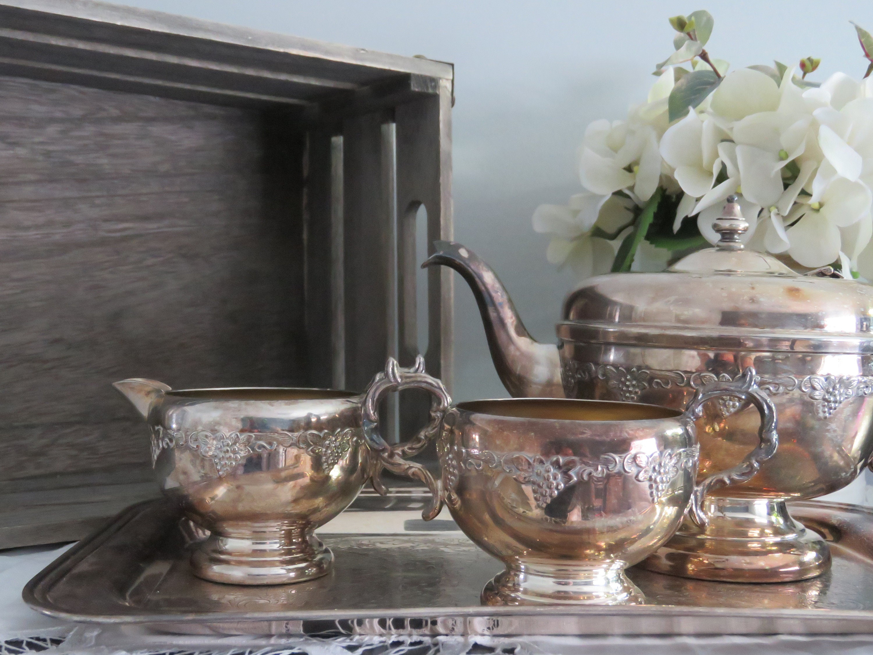 1930s Silver Plate 4 Piece Tea Set | EP Copper Viking Plate Grape