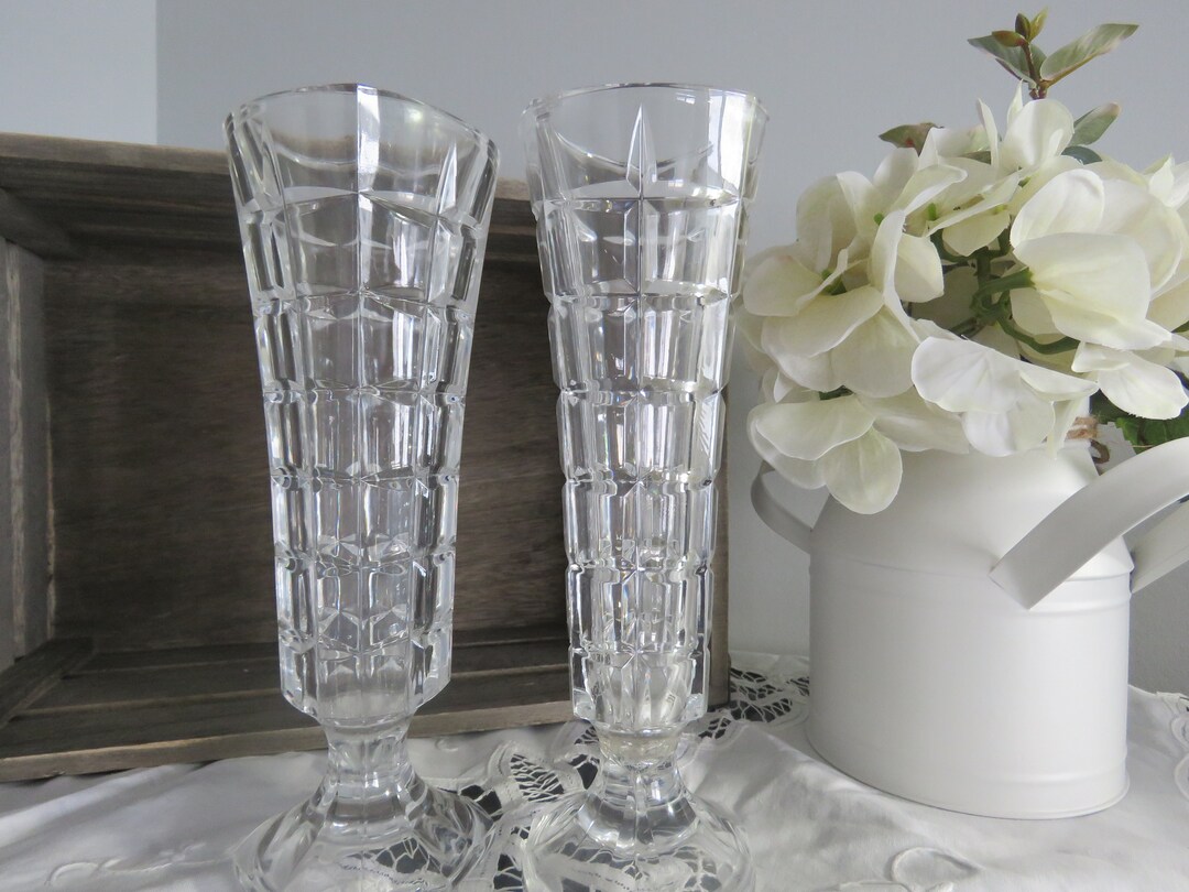Vintage Lead Crystal Bud Vases Square Cut Clear Glass Set of 2 Retro