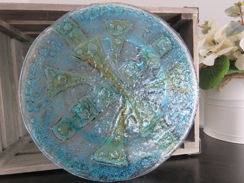 Unique Home Decor 1980s Studio Art Aquamarine Fused Glass Plate Handcrafted One Of A Kind