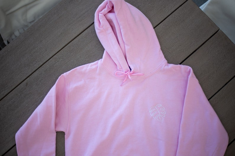 Embroidered Monstera Plant Hoodie Pink