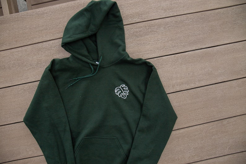 Embroidered Monstera Plant Hoodie Green