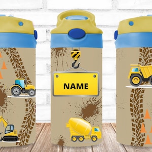 May include: Three yellow and blue construction themed water bottles with a personalized name tag. The bottles feature a tractor, a dump truck, an excavator, and a cement mixer.