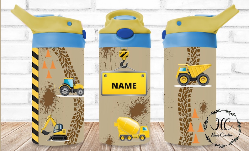 May include: Three yellow and blue construction themed water bottles with a personalized name tag. The bottles feature a tractor, a dump truck, an excavator, and a cement mixer.