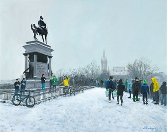 Snowy Kelvingrove at the Monument. A painting from Kelvingrove Park in Glasgow including Glasgow University in the background