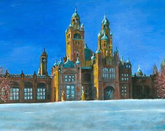 Frosty Kelvingrove. A painting of the Kelvingrove Art Gallery and Museum in Glasgow on a crisp and frosty day