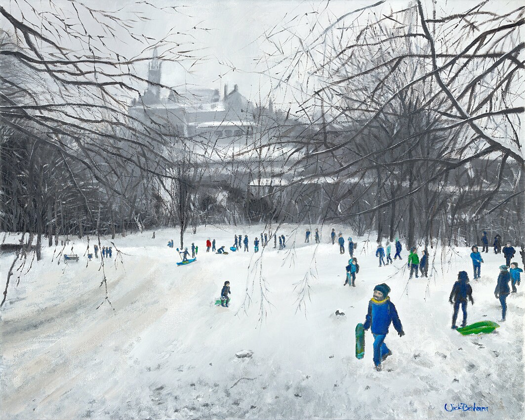 Snowy Kelvingrove from the Hill. A painting from Kelvingrove Park in Glasgow including Glasgow University in the background