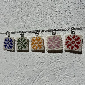 Flower Sun Tile Beaded Necklace Charm, Handmade, Woven Seed Beads