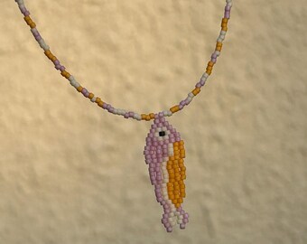 Matte Purple & Orange Beaded Sardine Fish Charm Necklace, Handmade, Woven Seed Beads