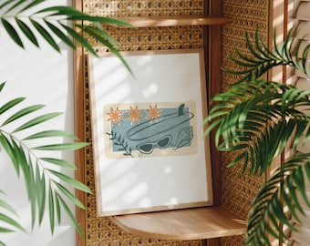 Impresión digital en linóleo de Surf Days / Arte de longboard, conchas y gafas de sol / Fondo de pantalla para iPad, teléfono y escritorio / Descarga instantánea