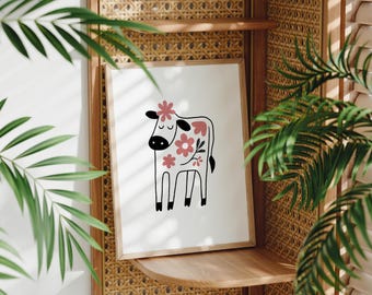 Impresión digital en linóleo de vaca con flores / Ilustración inspirada en una granja / Fondo de pantalla para iPad, teléfono y computadora / Descarga instantánea