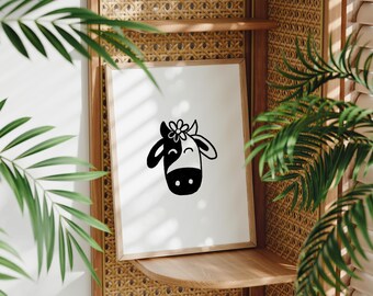 Impresión digital en linóleo de cabeza de vaca Yin Yang / Ilustración floral en blanco y negro / Fondo de pantalla para iPad, teléfono y escritorio / Descarga instantánea