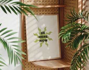 Impresión digital en linóleo verde "Be Here Now" / Papel tapiz botánico minimalista para pared / iPad, teléfono y computadora / Descarga instantánea