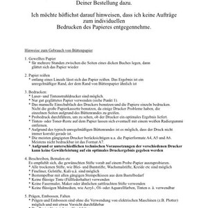 Puede incluir: Un papel blanco con texto en alem&aacute;n que proporciona instrucciones sobre el uso del papel, incluyendo impresi&oacute;n, rasgado y escritura. El documento tambi&eacute;n desaconseja los pedidos de impresi&oacute;n individuales.