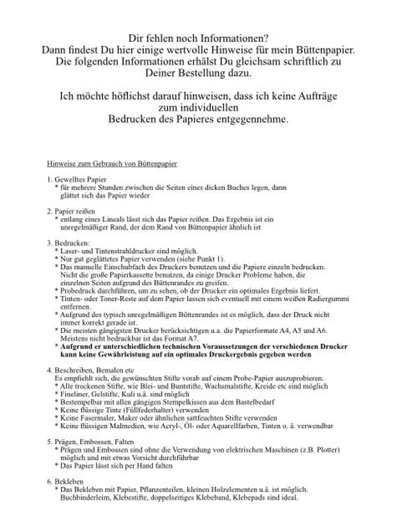 Puede incluir: Un papel blanco con texto en alem&aacute;n que proporciona instrucciones sobre el uso del papel, incluyendo impresi&oacute;n, rasgado y escritura. El documento tambi&eacute;n desaconseja los pedidos de impresi&oacute;n individuales.