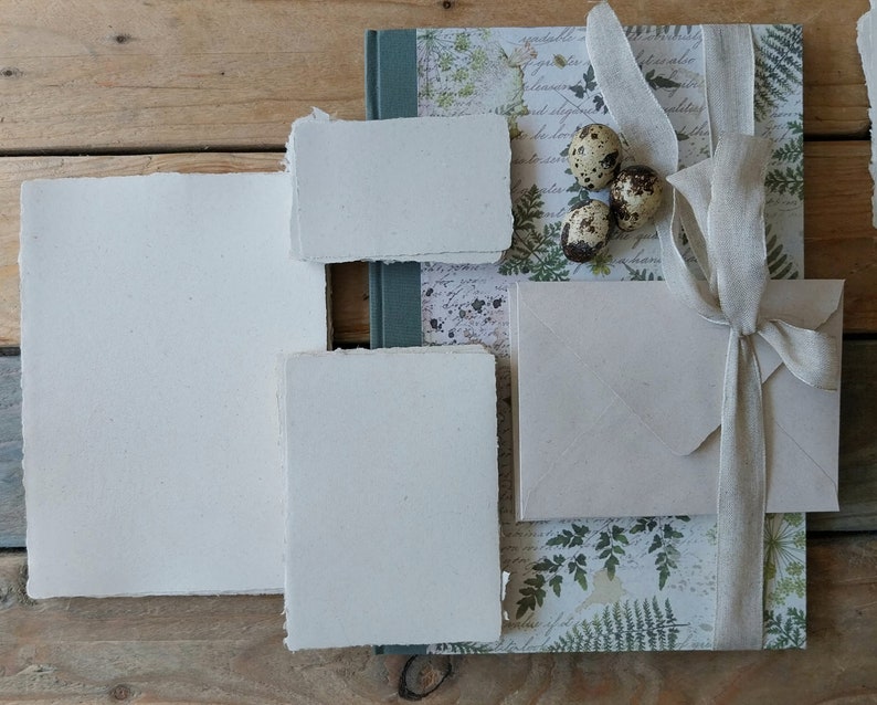 Puede incluir: Un juego de papeler&iacute;a con papel hecho a mano, un sobre y un diario con un dise&ntilde;o de helechos y escritura. El conjunto est&aacute; atado con una cinta de color claro e incluye tres huevos de codorniz moteados. El papel tiene un borde irregular.