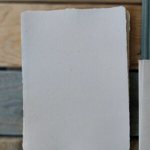 Puede incluir: Una pila de papel hecho a mano de color blanquecino con bordes irregulares. El papel tiene una superficie ligeramente texturizada y es de forma rectangular. El papel es probablemente para arte o escritura. Un lomo de libro verde azulado es visible a la derecha.