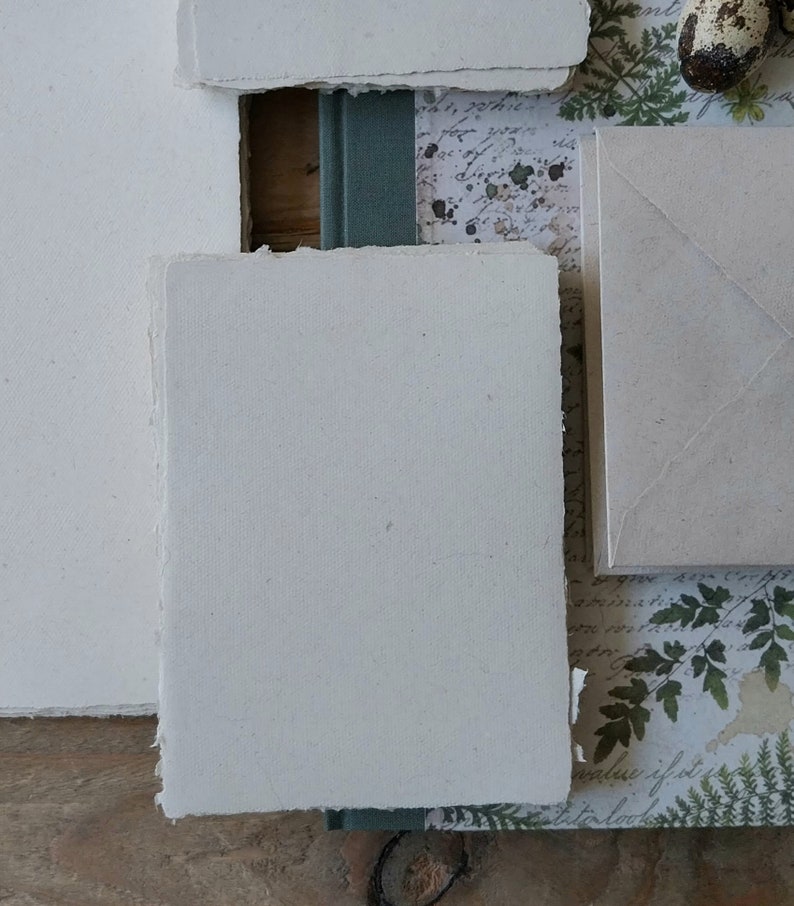 Puede incluir: Colecci&oacute;n de productos de papel hechos a mano, incluyendo hojas rectangulares y cuadradas con bordes irregulares, un sobre y un peque&ntilde;o libro. El papel es blanquecino, con un fondo de papel estampado con elementos bot&aacute;nicos y de escritura.