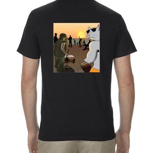 May include: Black t-shirt with a graphic print of a rat wearing sunglasses and playing drums at a beach sunset.