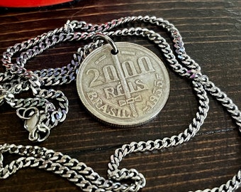 Brazil Coin Necklace Brazilian 2000 Reis - Brazilian  Necklace Jewelry Vintage Pendant Gift Friend Charm For Him Her World Coin Collector