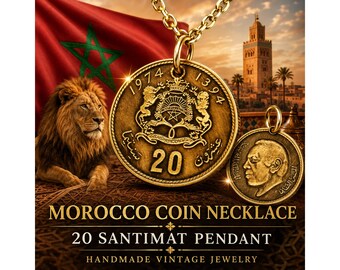 Morocco 20 Santimat Coin Charm Pendant Necklace, King Hassan II Jewelry, Handmade Vintage Moroccan Heritage Gift