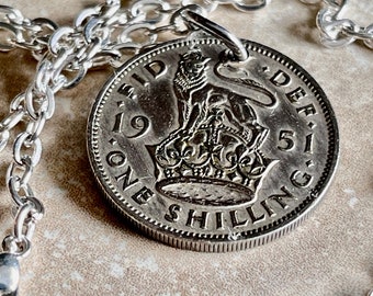 Britain Coin Pendant One Shilling Rhinestone Jewelry England Necklace Charm Friend Coin Charm Gift For Him, Her, Coin Collector, World Coins