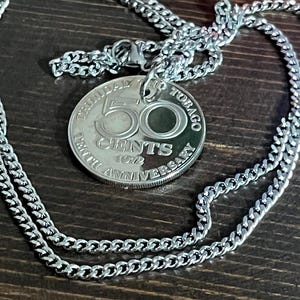 Trinidad and Tobago Coin Necklace 50 Cents Pendant Vintage Custom Made Rare Coins Coin Enthusiast Fashion Accessory Handmade
