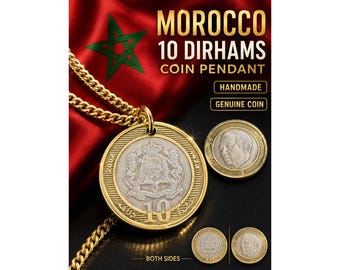 Ciondolo con moneta del Marocco da 10 Dirham, collana con stemma reale marocchino, gioiello vintage fatto a mano con monete del mondo, regalo per lui e per lei, da collezionista.