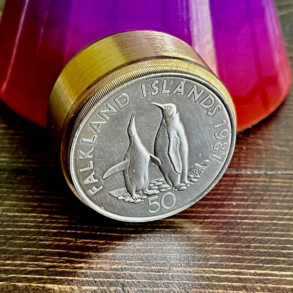 Falkland Pillbox 50 Cents Falkland Islands Antique Stash Snuff Box, Tobacco, Keepsake, Men's Gift, Jewelry, World Coin Collector