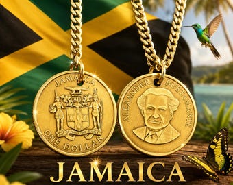 Jamaica One Dollar Coin Charm Pendant Necklace, Alexander Bustamante Jewelry, Jamaican Heritage Gift