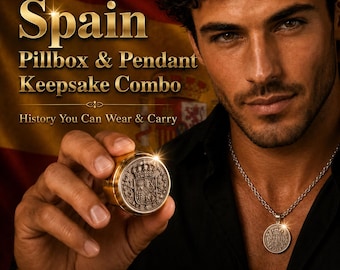 Set ciondolo con moneta e portapillole spagnoli – Collana con pesetas spagnole – 5, 25, 50, PTAS Gioielli Regalo – Souvenir Spagna, Ciondolo