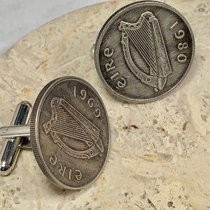 Ireland Coin Cuff Links Irish 5 Pence Celtic Harp Personal Vintage Handmade Jewelry Gift Friend Charm For Him Her World Coin Collector
